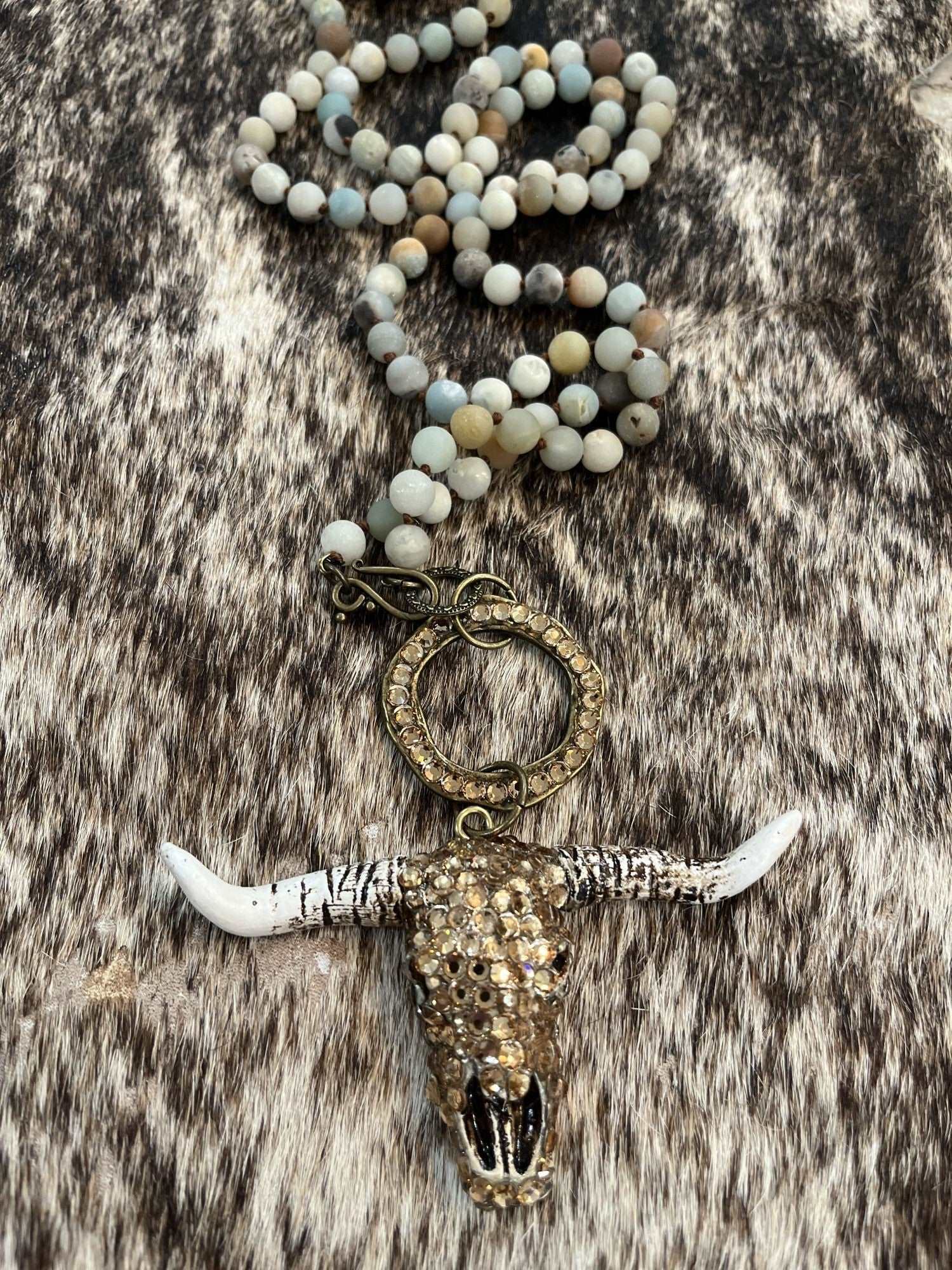 Amazonite Crystal Cow Skull Necklace - Roaming Gypsy Boutique