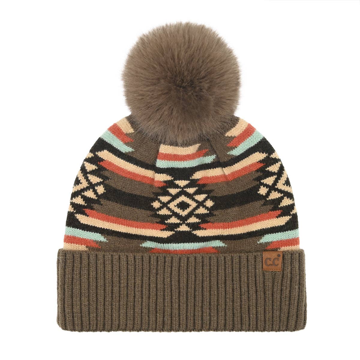 Aztec Patterned C.C Pom Beanie - Roaming Gypsy Boutique