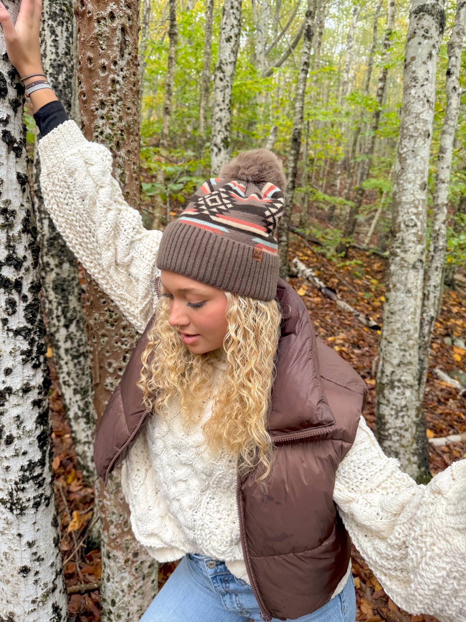 Aztec Patterned C.C Pom Beanie - Roaming Gypsy Boutique