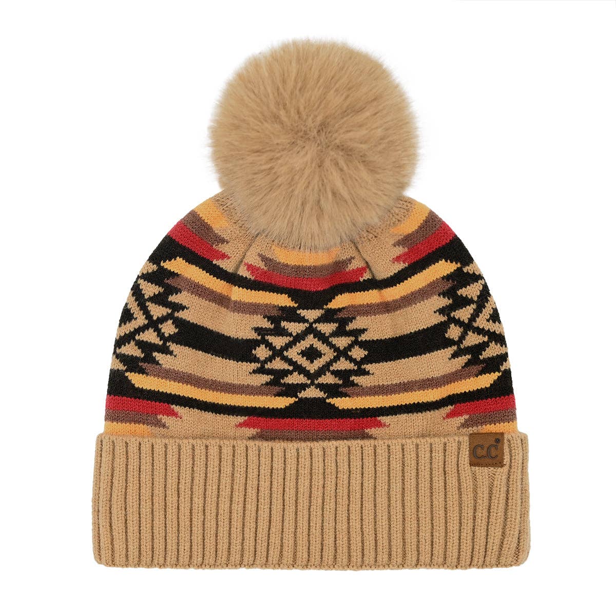 Aztec Patterned C.C Pom Beanie - Roaming Gypsy Boutique