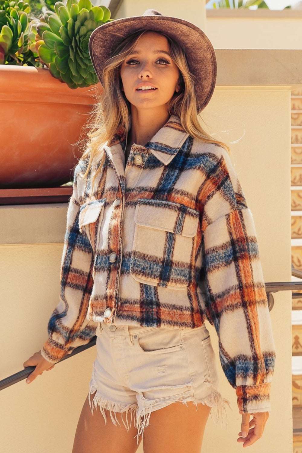 BiBi Brushed Plaid Crop Jacket with Pockets - Roaming Gypsy Boutique