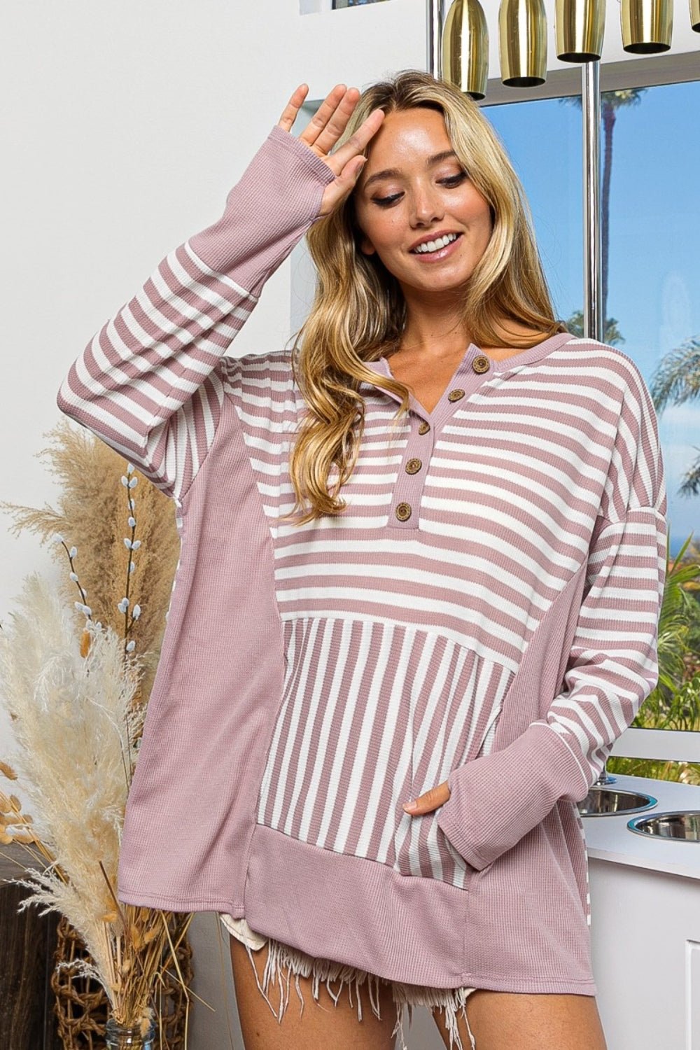 BiBi Striped Thumbhole Long Sleeve Top - Roaming Gypsy Boutique