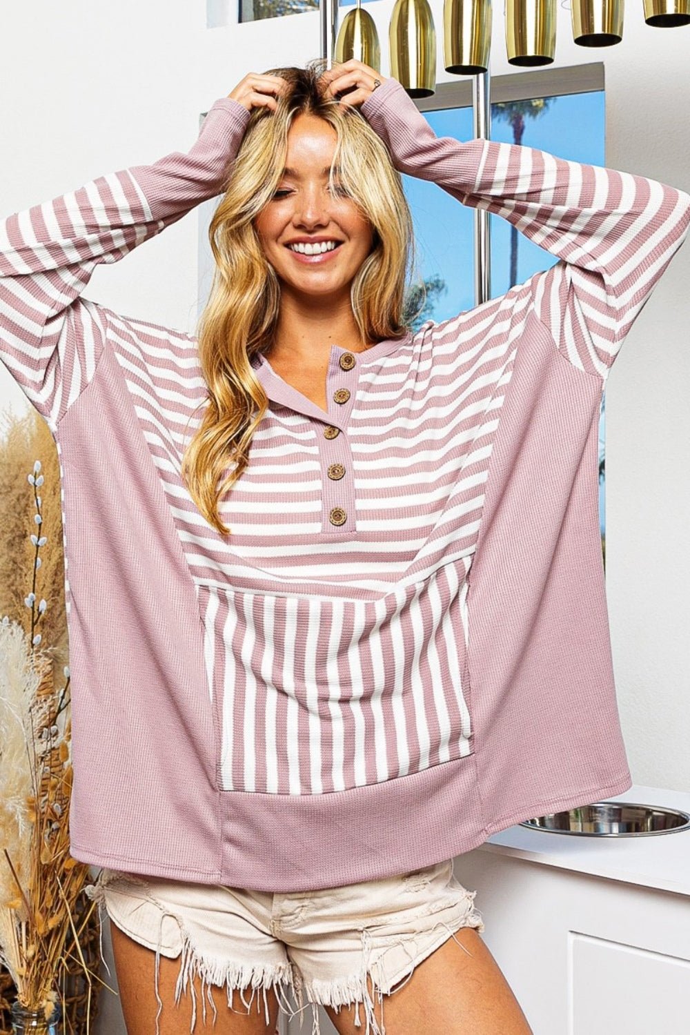 BiBi Striped Thumbhole Long Sleeve Top - Roaming Gypsy Boutique