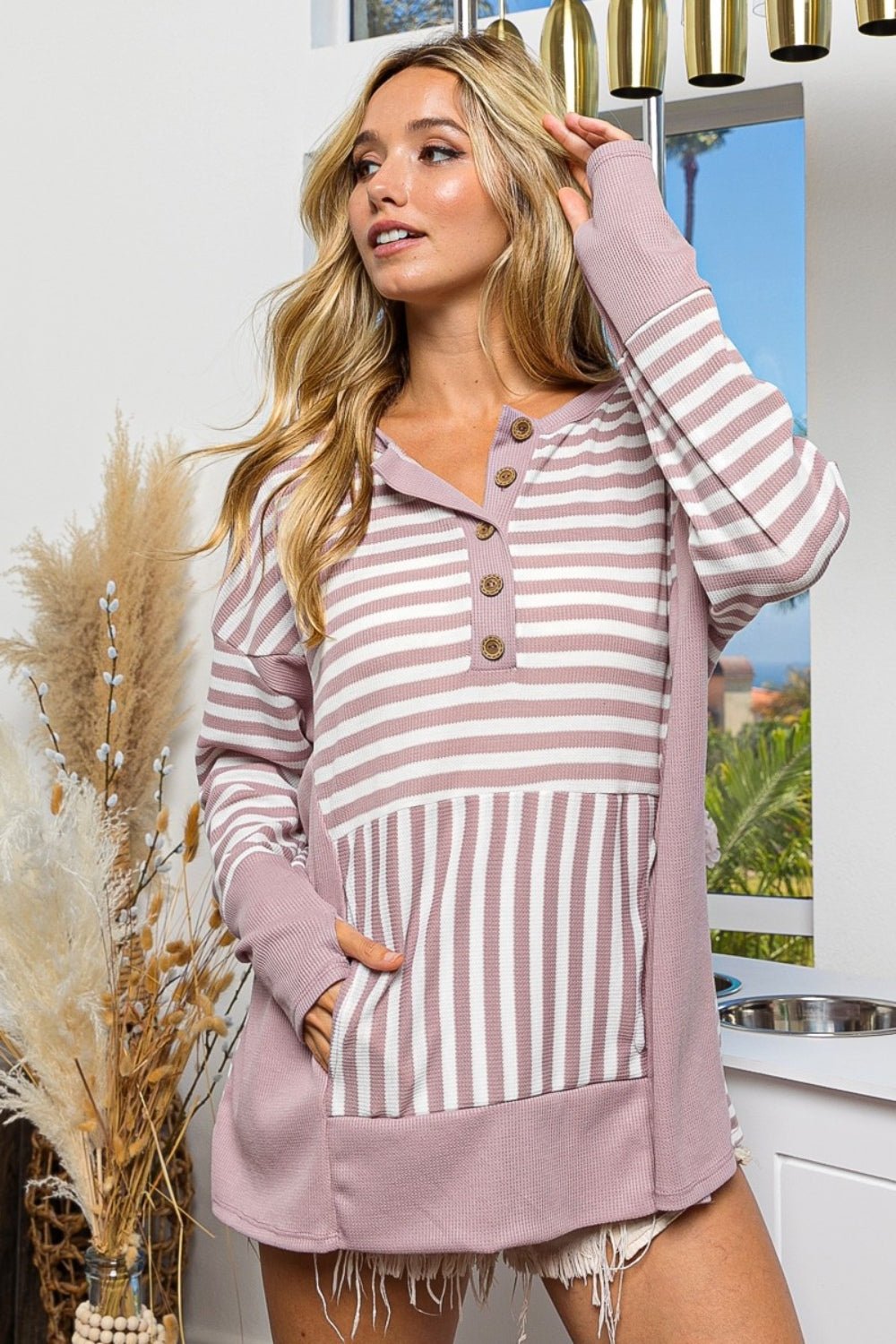 BiBi Striped Thumbhole Long Sleeve Top - Roaming Gypsy Boutique