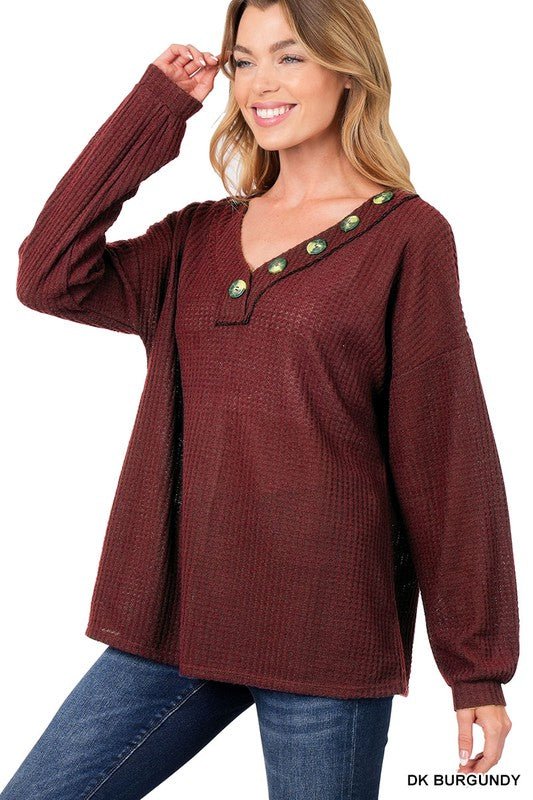 Buttons of Merlot Top - Roaming Gypsy Boutique