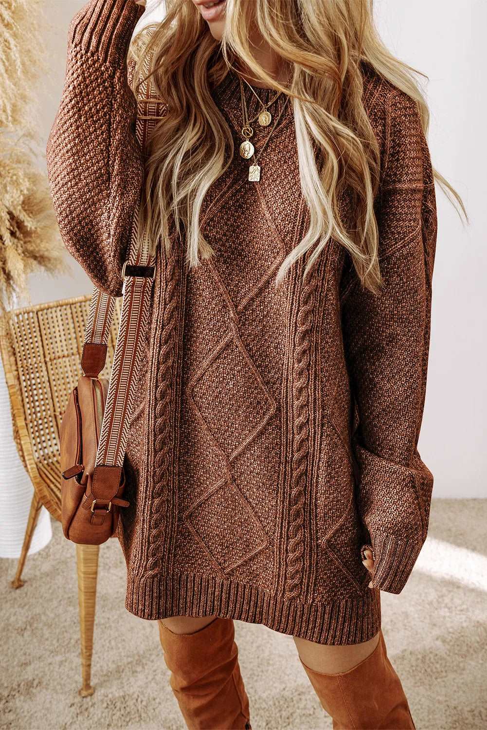 Cable - Knit Round Neck Sweater Dress - Roaming Gypsy Boutique