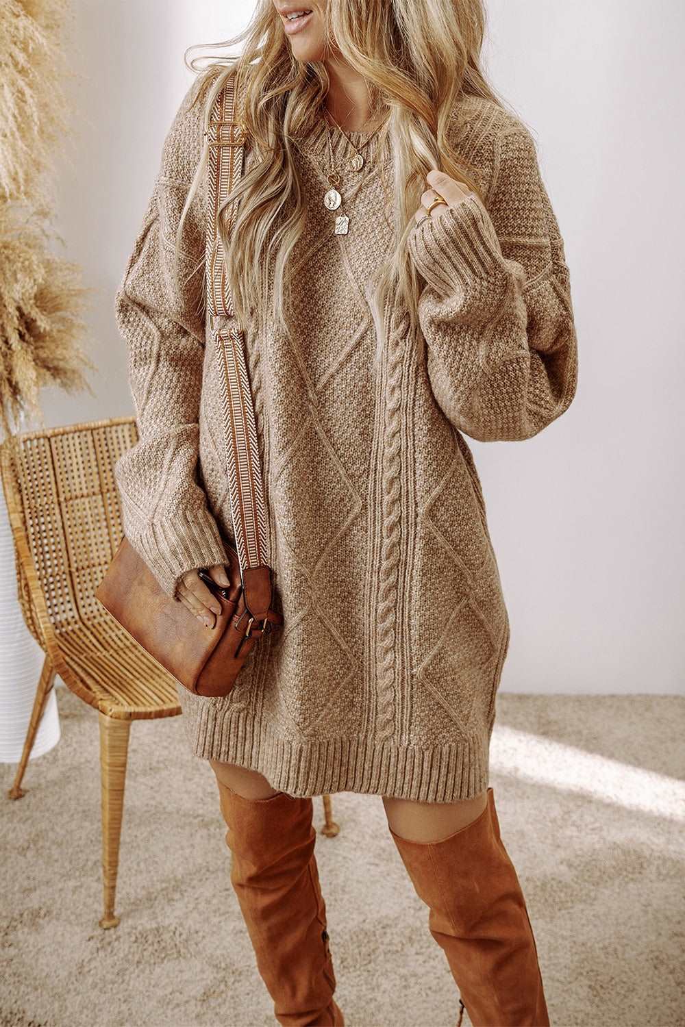 Cable - Knit Round Neck Sweater Dress - Roaming Gypsy Boutique