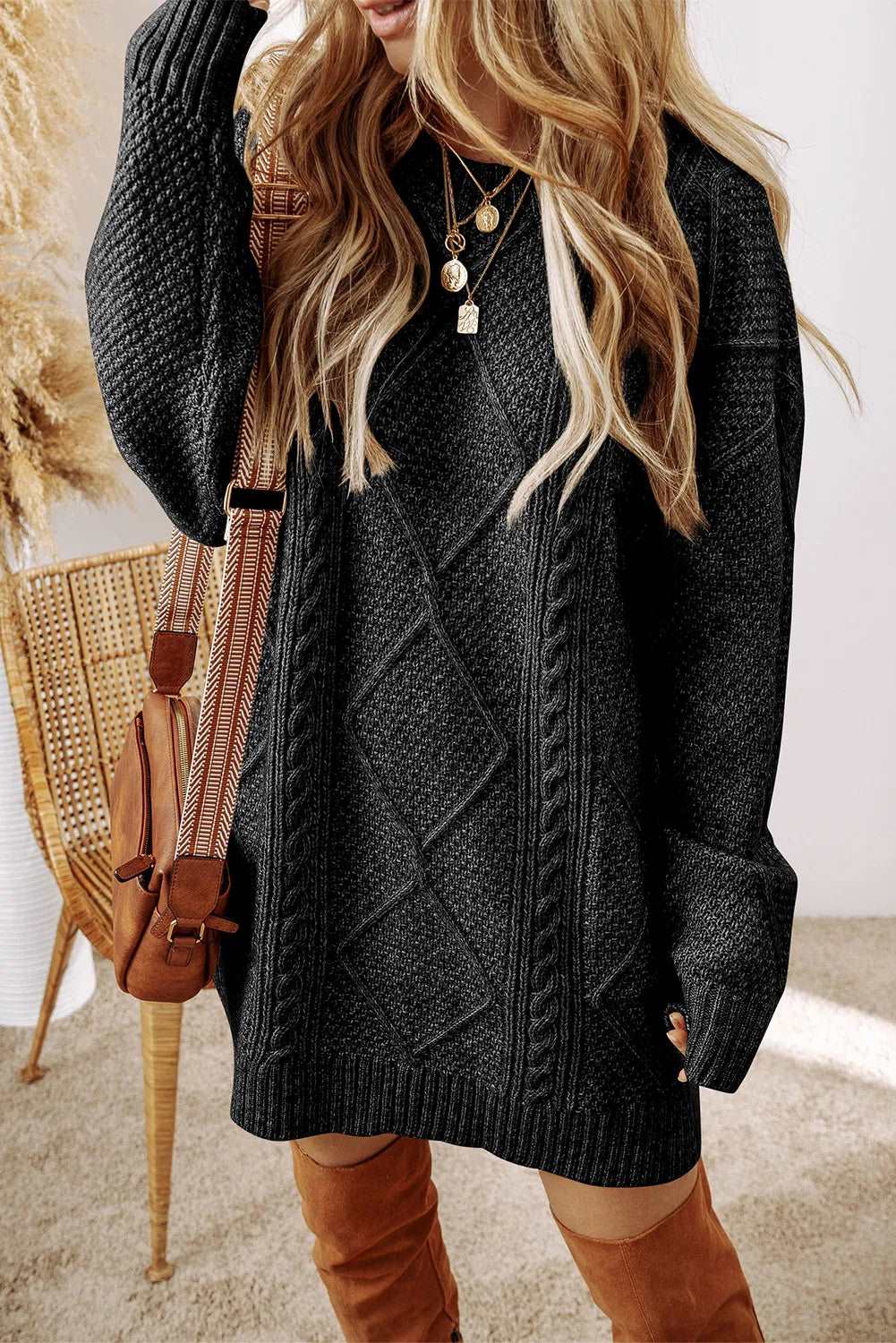 Cable - Knit Round Neck Sweater Dress - Roaming Gypsy Boutique