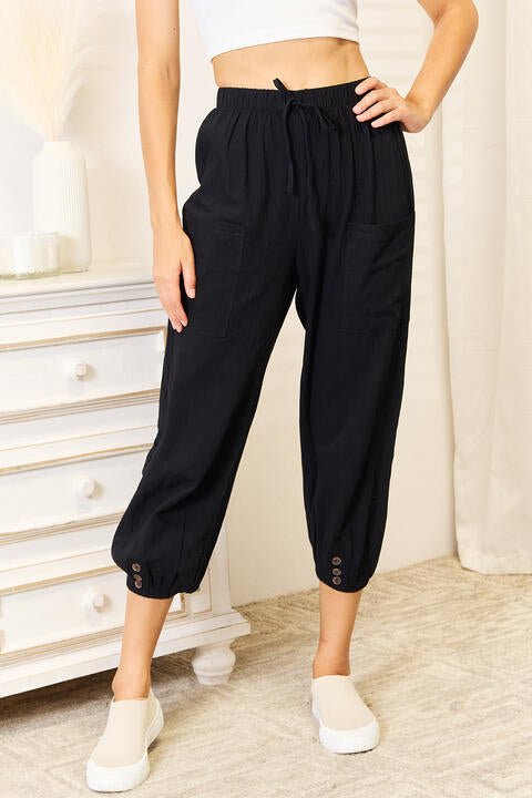 Double Take Decorative Button Cropped Pants - Roaming Gypsy Boutique