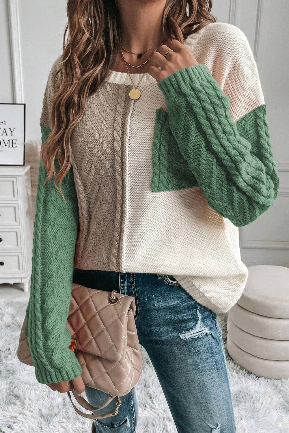 Double Take Full Size Color Block Drop Shoulder Sweater - Roaming Gypsy Boutique