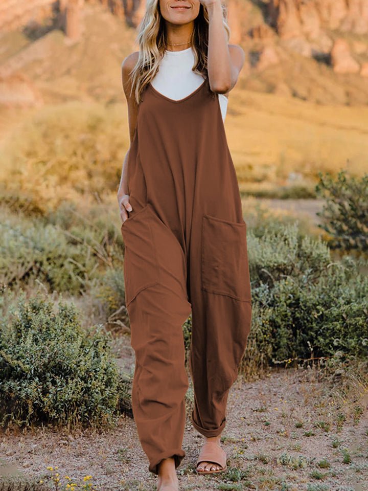 Double Take Full Size Sleeveless V - Neck Pocketed Jumpsuit - Roaming Gypsy Boutique