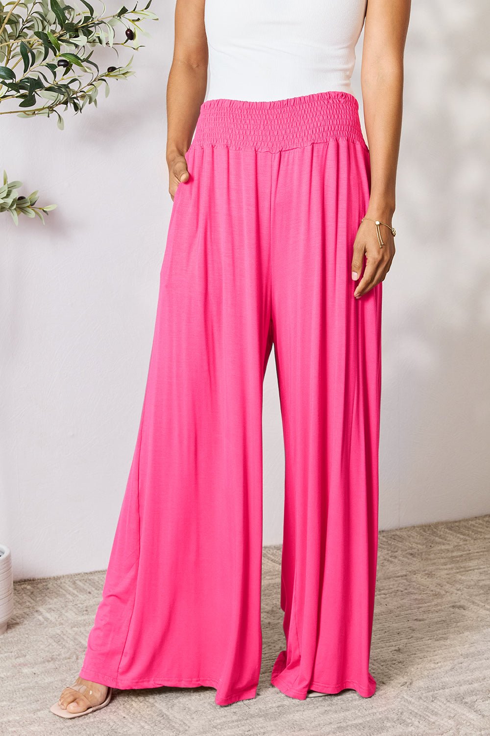 Double Take Full Size Smocked Wide Waistband Wide Leg Pants - Roaming Gypsy Boutique