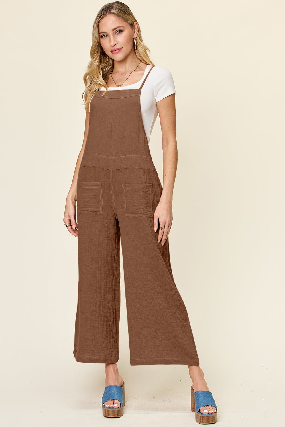 Double Take Full Size Texture Sleeveless Wide Leg Overall - Roaming Gypsy Boutique