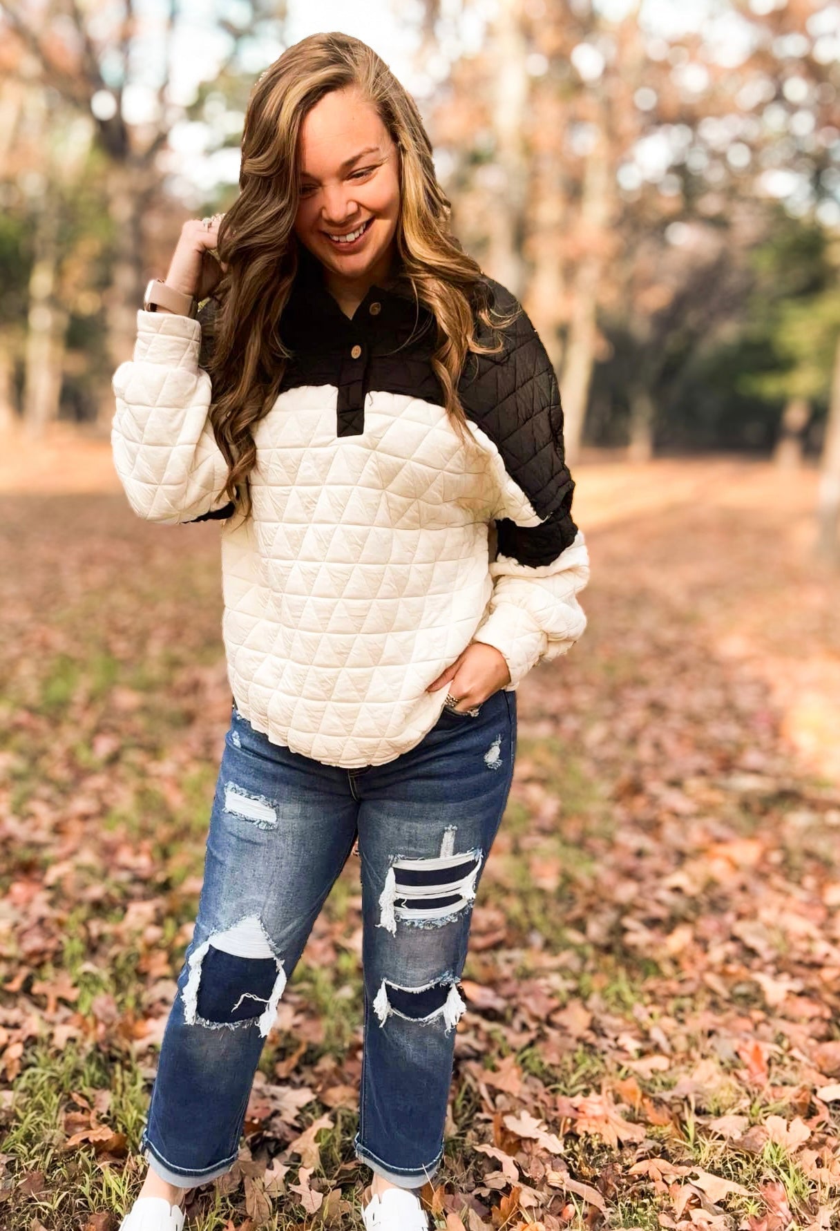 Double Take Quarter Button Contrast Long Sleeve Quilted Sweatshirt - Roaming Gypsy Boutique