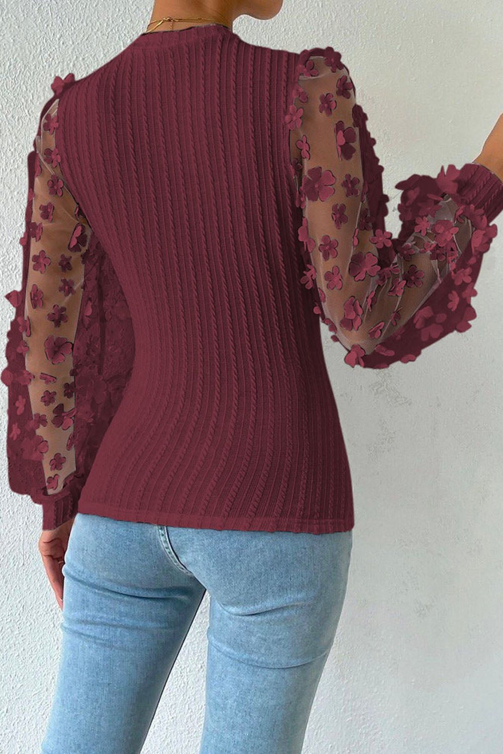 Double Take Textured Applique Long Sleeve Blouse - Roaming Gypsy Boutique