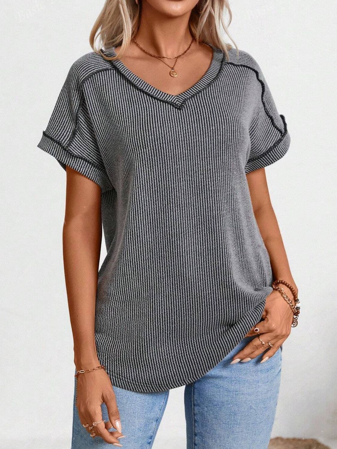 Exposed Seam V - Neck Short Sleeve Top - Roaming Gypsy Boutique