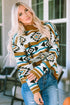 Full Size Geometric Round Neck Long Sleeve Sweater - Roaming Gypsy Boutique