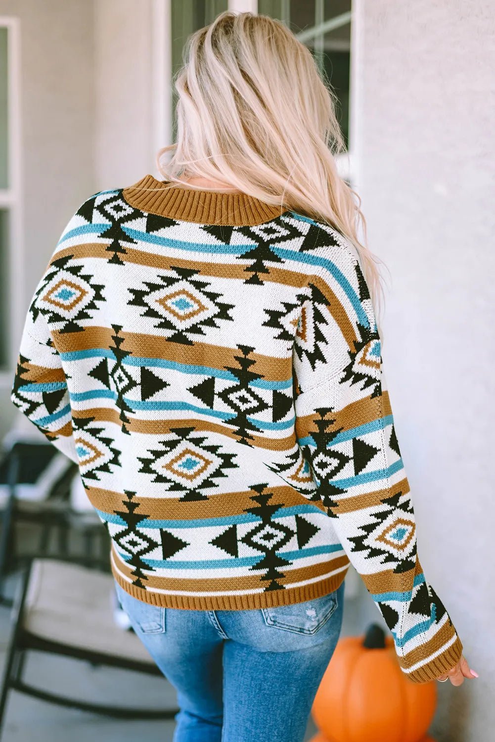 Full Size Geometric Round Neck Long Sleeve Sweater - Roaming Gypsy Boutique