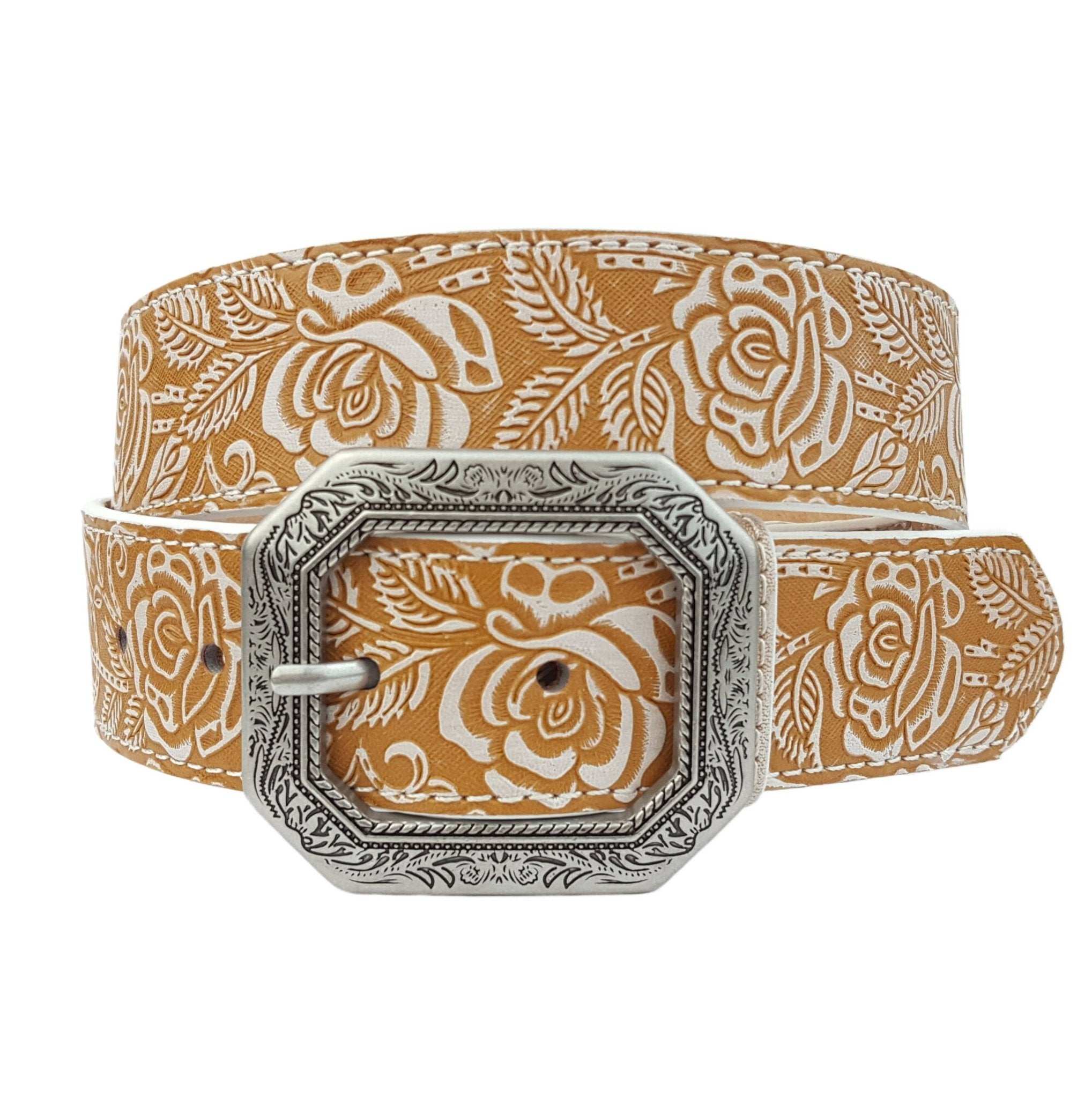 Hand Painted White w. Tan Rose Tooled Belt - Roaming Gypsy Boutique