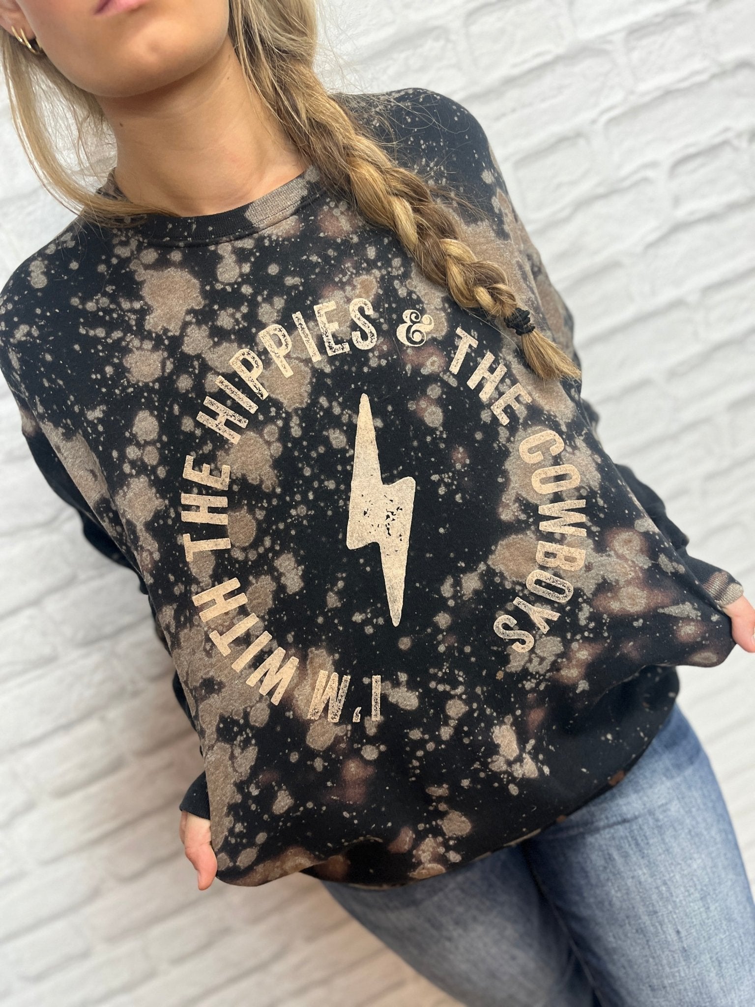 Hippies and Cowboys Bleached Crewneck - Roaming Gypsy Boutique