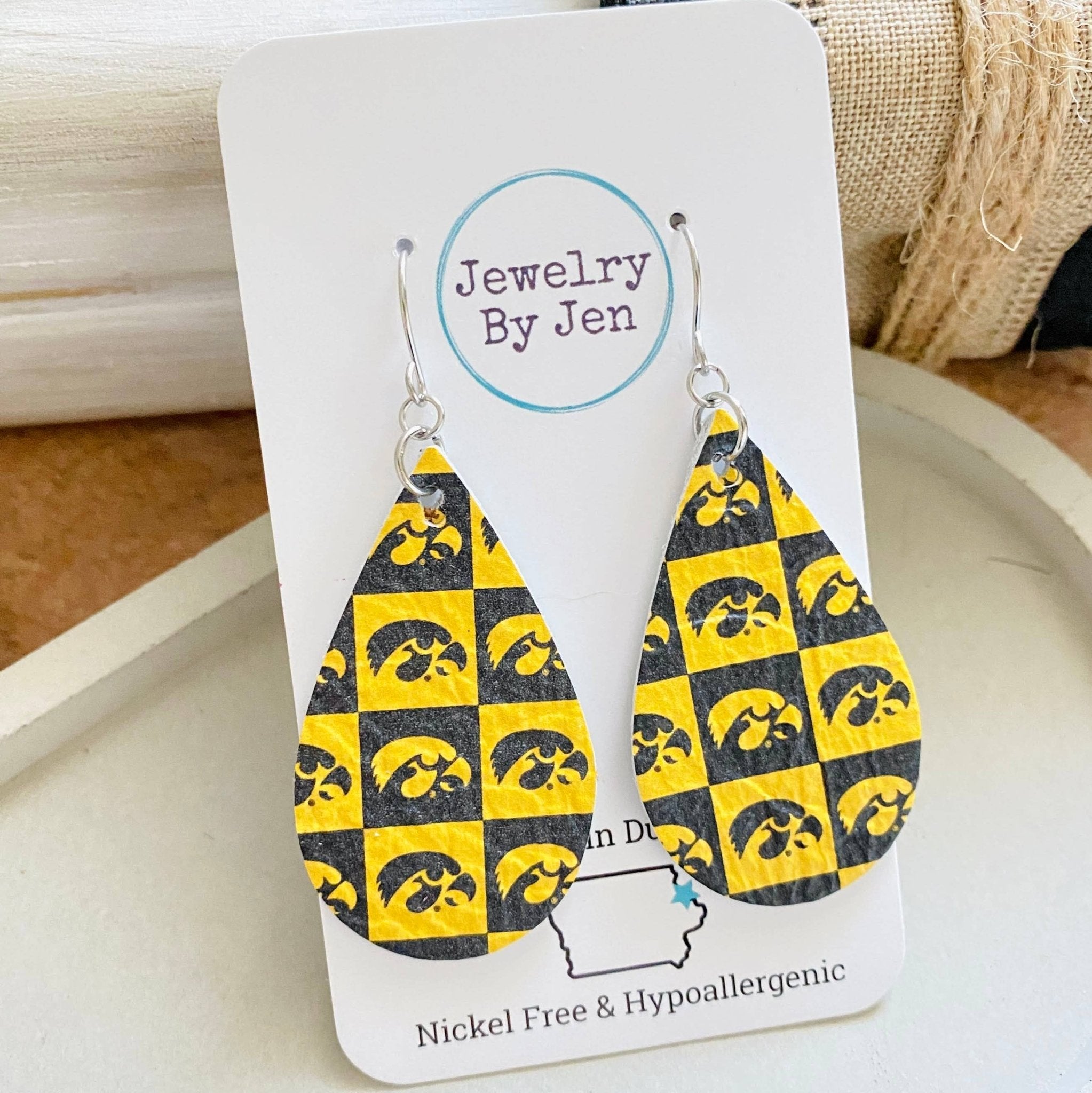 Iowa Hawkeyes Checkerboard Medium Teardrop Leather Earrings - Roaming Gypsy Boutique