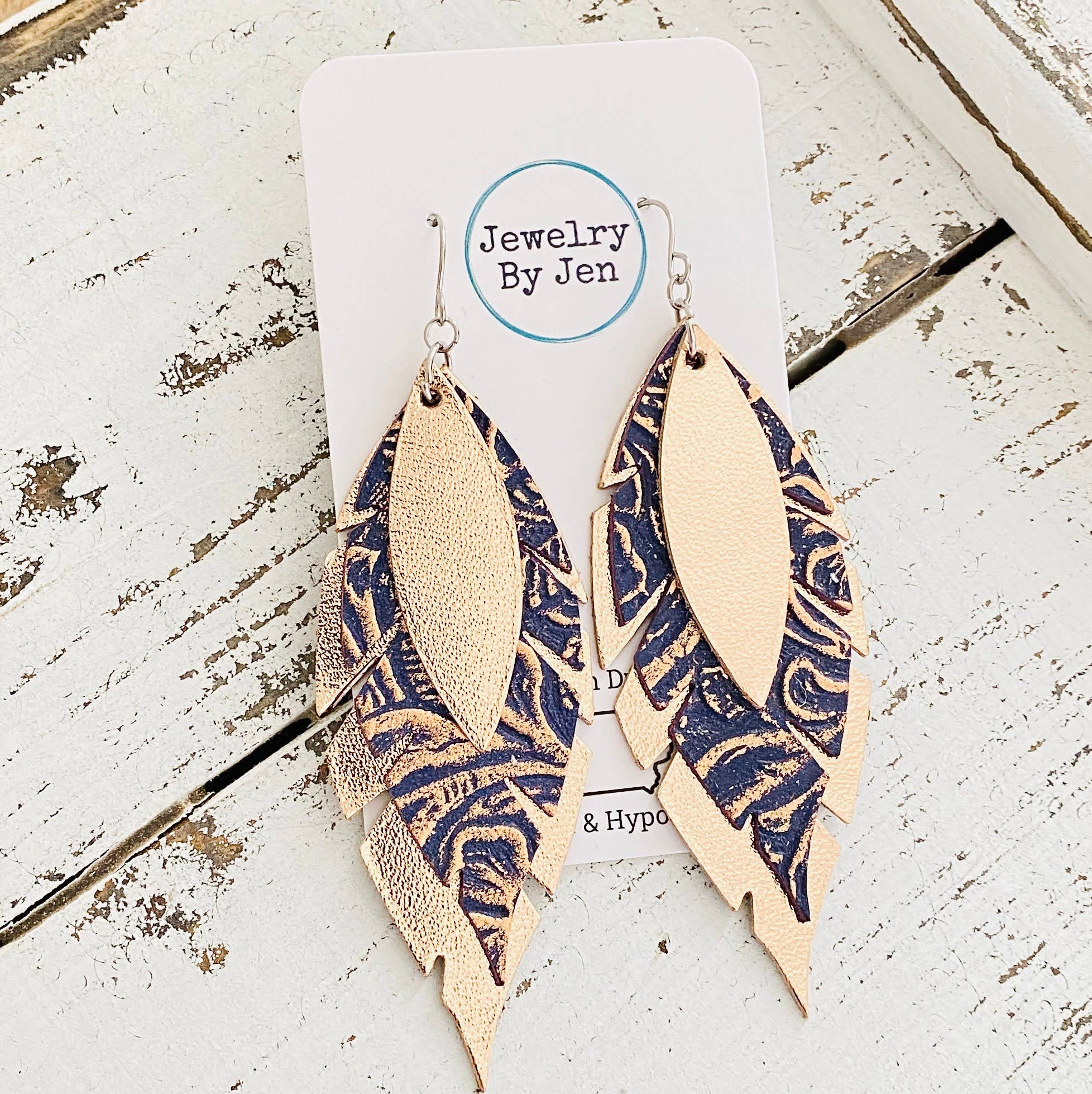 Jagged Feather: Rose Gold & Navy Tooled - Roaming Gypsy Boutique