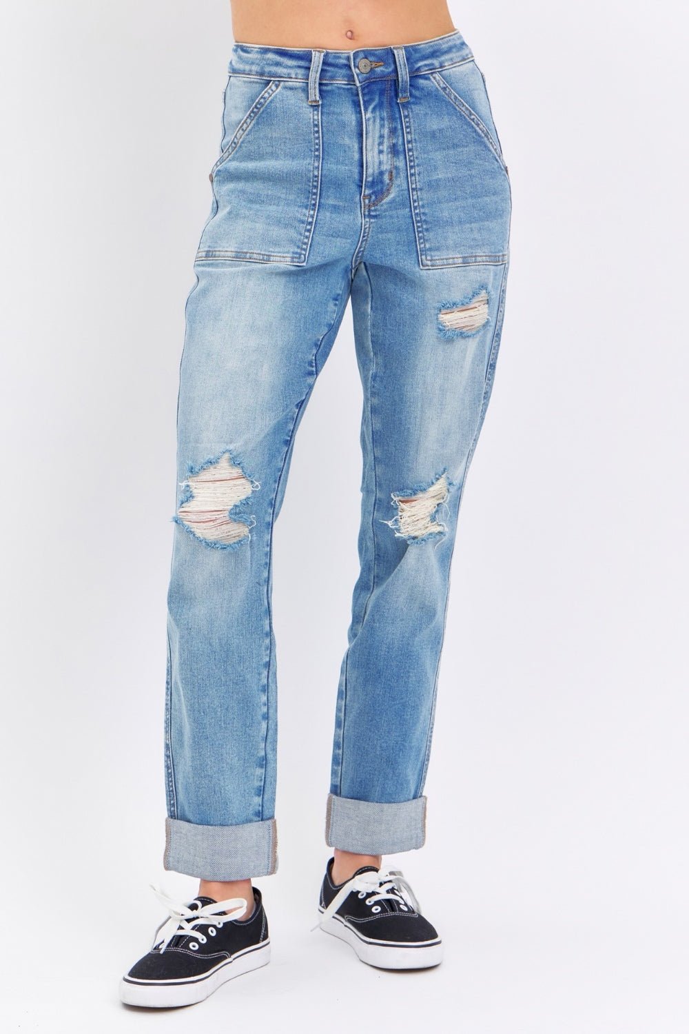 Judy Blue Full Size Distressed Straight Jeans with Patch Pockets - Roaming Gypsy Boutique