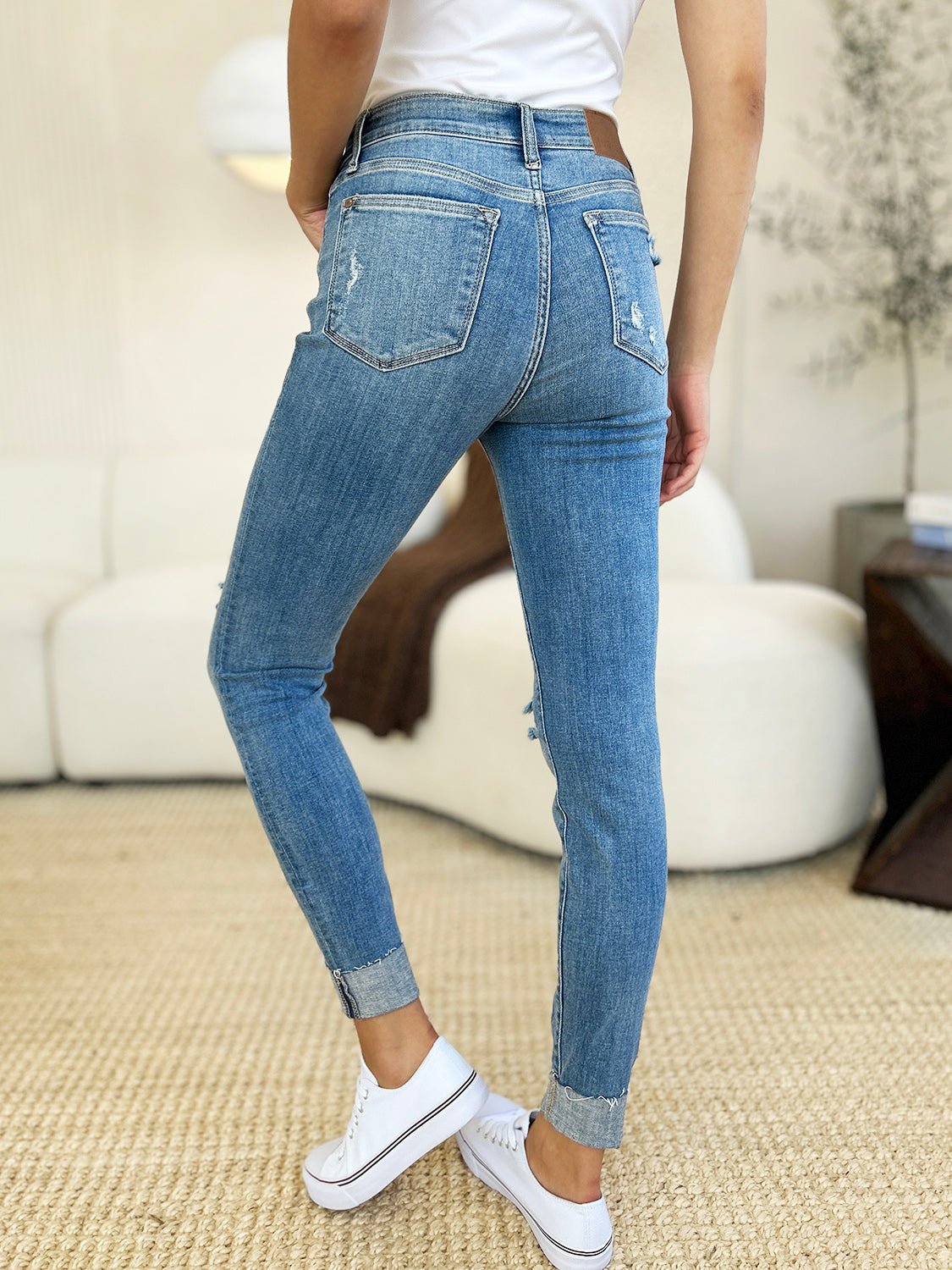 Judy Blue Full Size Mid Rise Destroy & Cuff Skinny Jeans - Roaming Gypsy Boutique