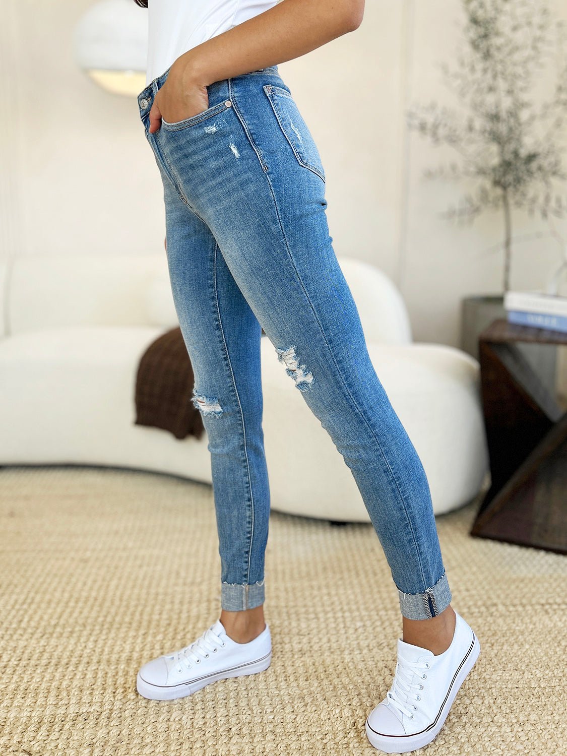 Judy Blue Full Size Mid Rise Destroy & Cuff Skinny Jeans - Roaming Gypsy Boutique