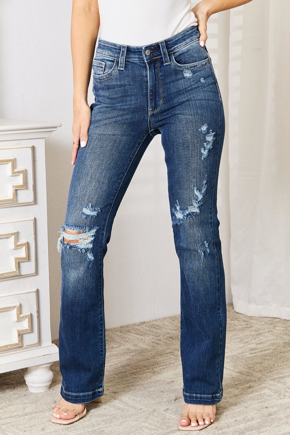 Judy Blue Full Size Mid Rise Hand Sand & Destroy Bootcut Jeans - Roaming Gypsy Boutique