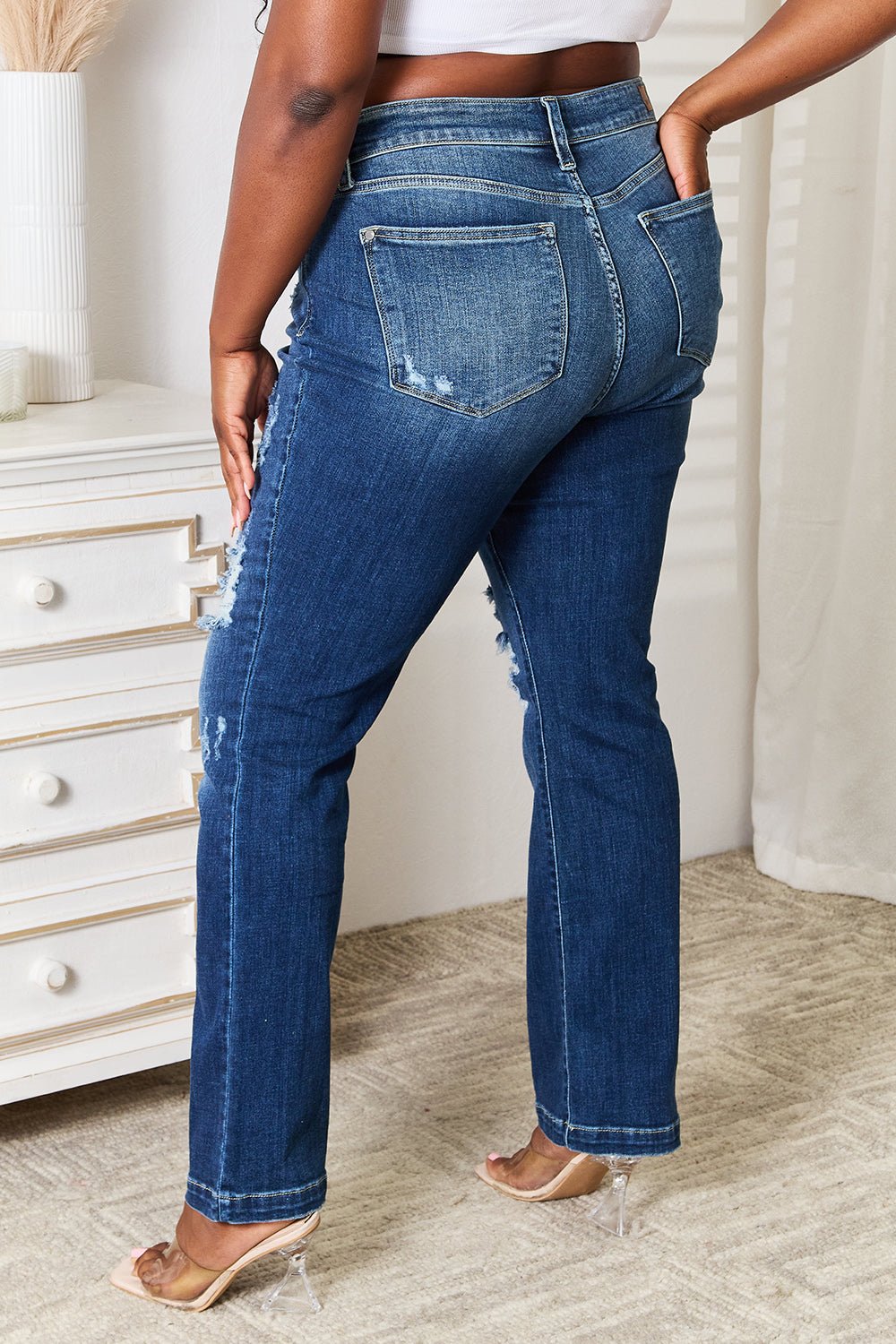 Judy Blue Full Size Mid Rise Hand Sand & Destroy Bootcut Jeans - Roaming Gypsy Boutique