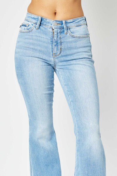 Judy Blue Full Size Mid Rise Raw Hem Slit Flare Jeans - Roaming Gypsy Boutique