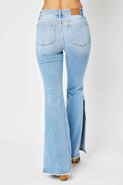 Judy Blue Full Size Mid Rise Raw Hem Slit Flare Jeans - Roaming Gypsy Boutique