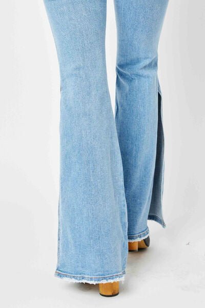 Judy Blue Full Size Mid Rise Raw Hem Slit Flare Jeans - Roaming Gypsy Boutique