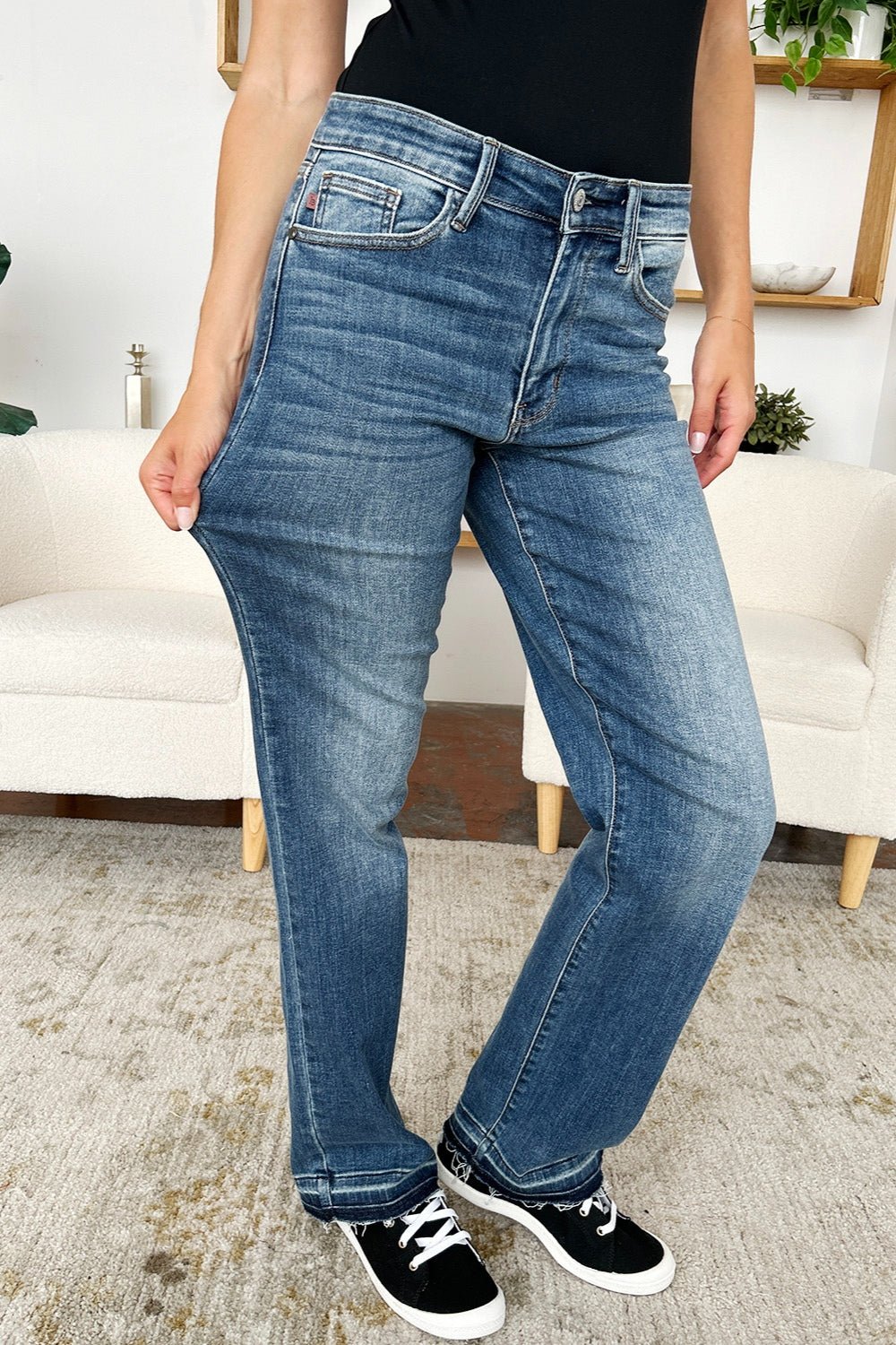 Judy Blue Full Size Mid Rise Release Hem Jeans - Roaming Gypsy Boutique