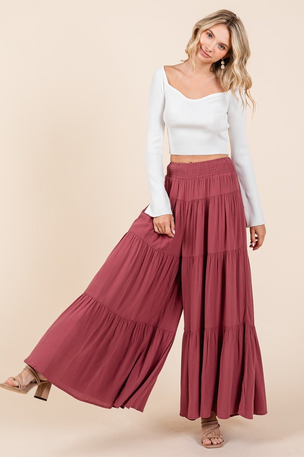 Mittoshop Tier Detail Smocked Elastic Waist Wide Leg Pants - Roaming Gypsy Boutique