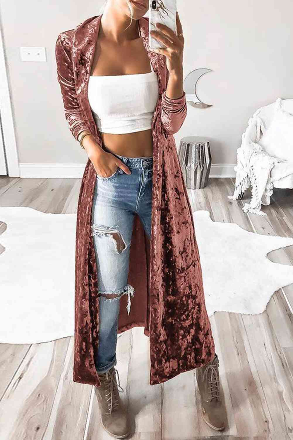 Open Front Long Sleeve Longline Velvet Cardigan - Roaming Gypsy Boutique