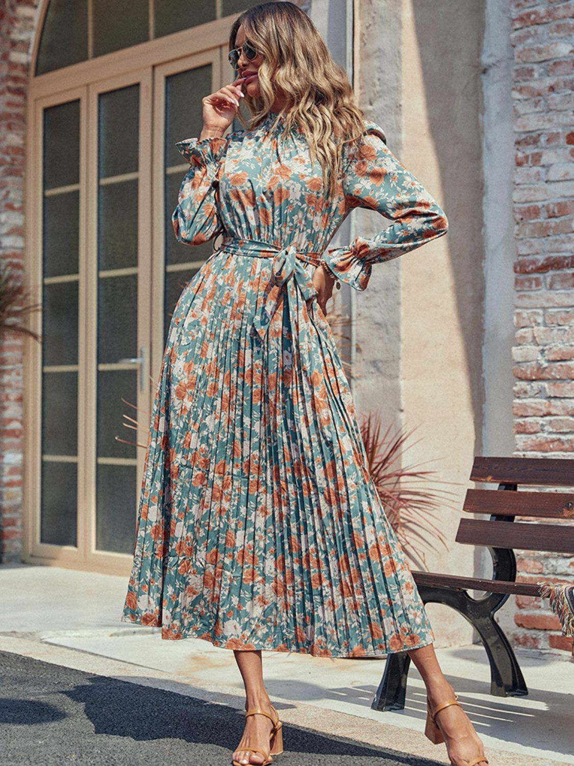 Perfee Tied Pleated Printed Mock Neck Long Sleeve Dress - Roaming Gypsy Boutique