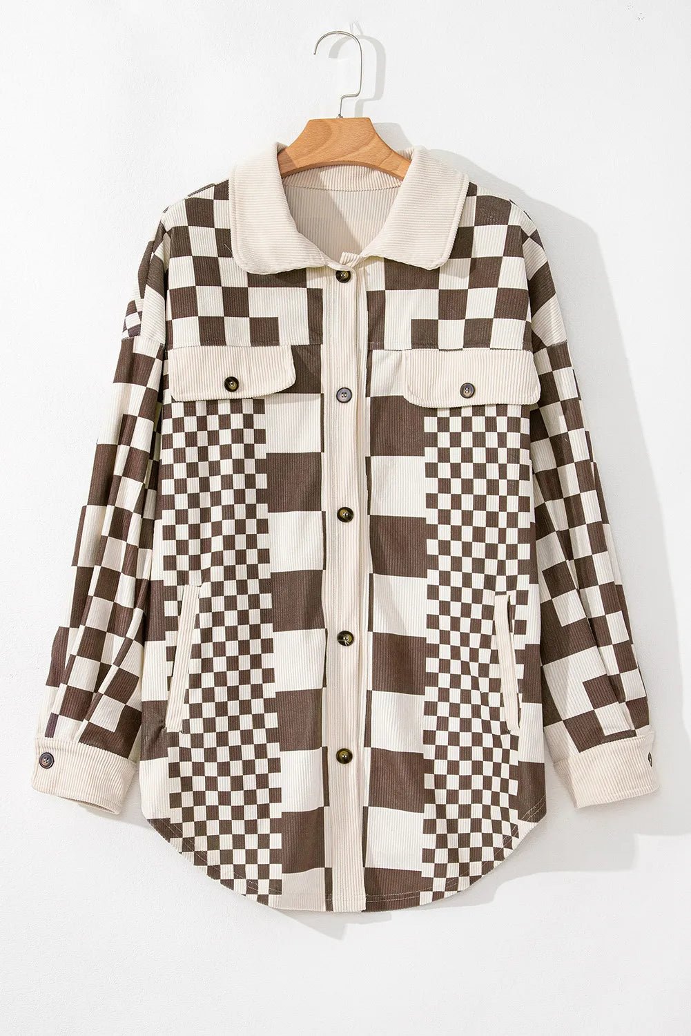 Plus Size Checkered Button Up Long Sleeve Jacket - Roaming Gypsy Boutique