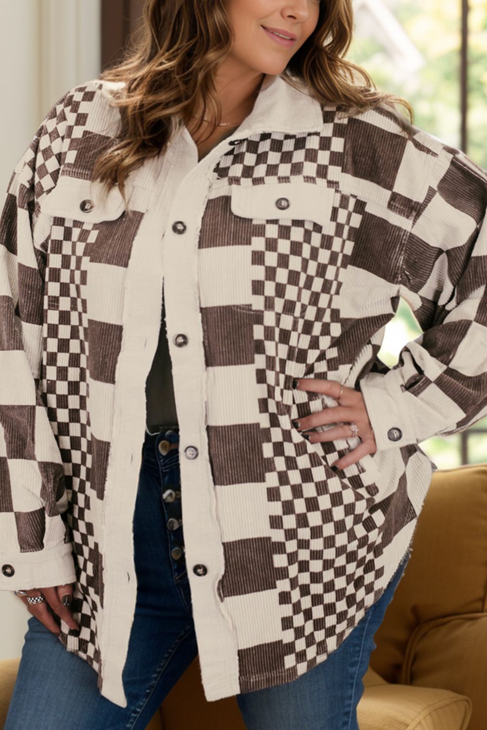 Plus Size Checkered Button Up Long Sleeve Jacket - Roaming Gypsy Boutique