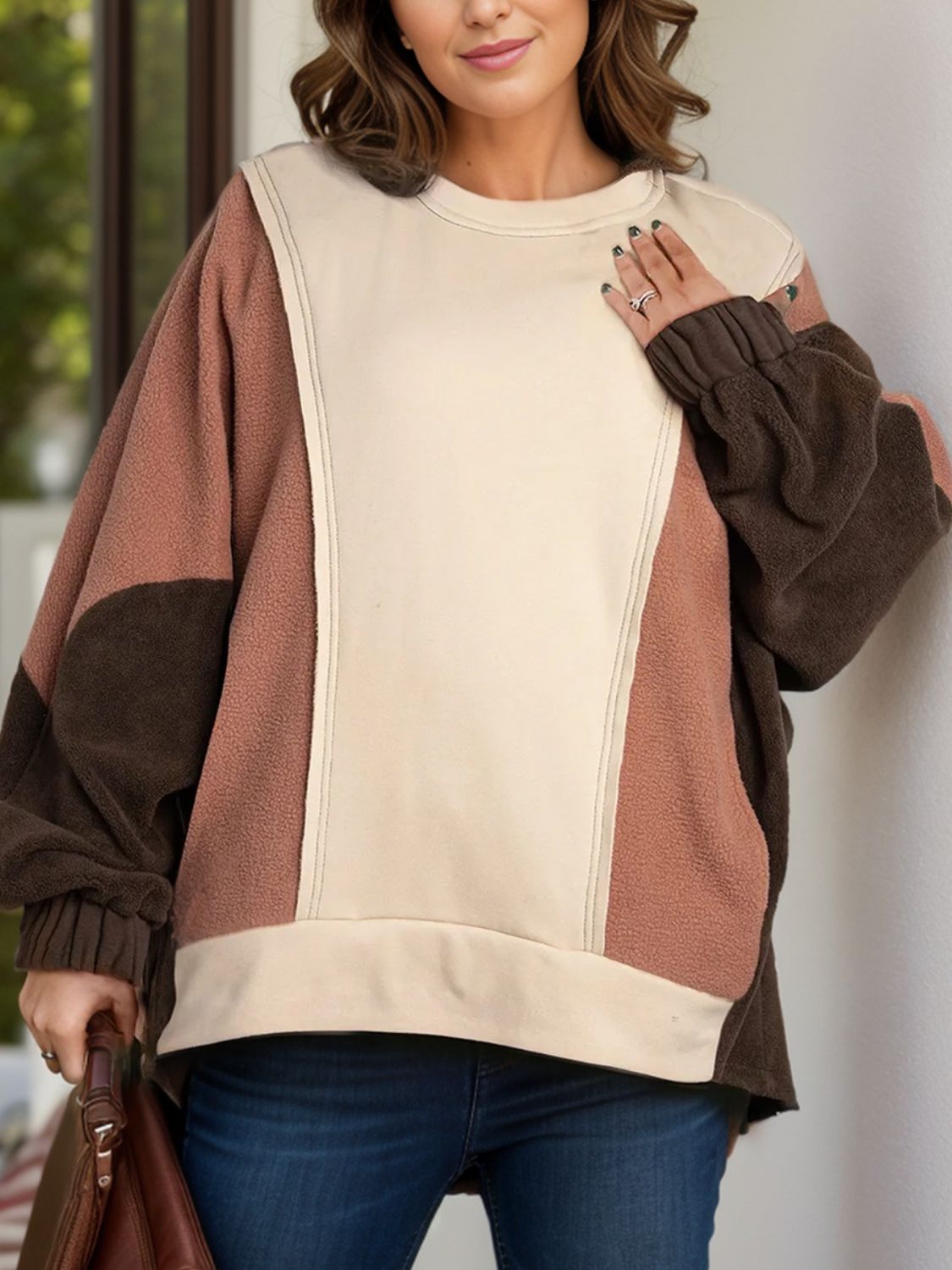 Plus Size Color Block Long Sleeve Hoodie - Roaming Gypsy Boutique