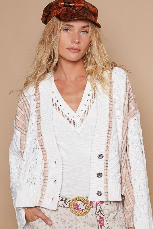 POL Cable - Knit Plaid V - Neck Button Up Cardigan - Roaming Gypsy Boutique