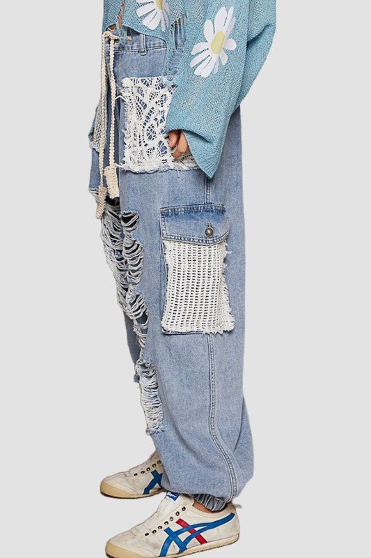 POL Crochet Patch Distressed Washed Jeans - Roaming Gypsy Boutique