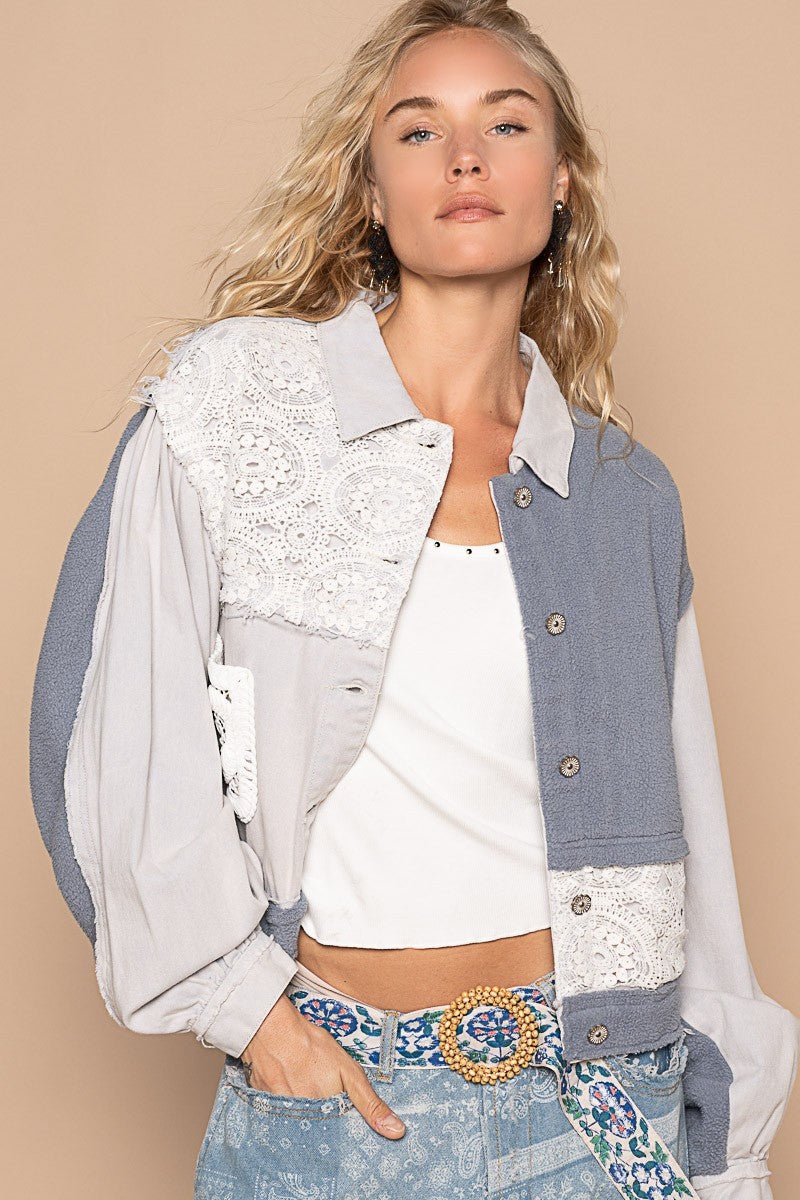 POL Crochet Patch Exposed Seam Button Up Jacket - Roaming Gypsy Boutique