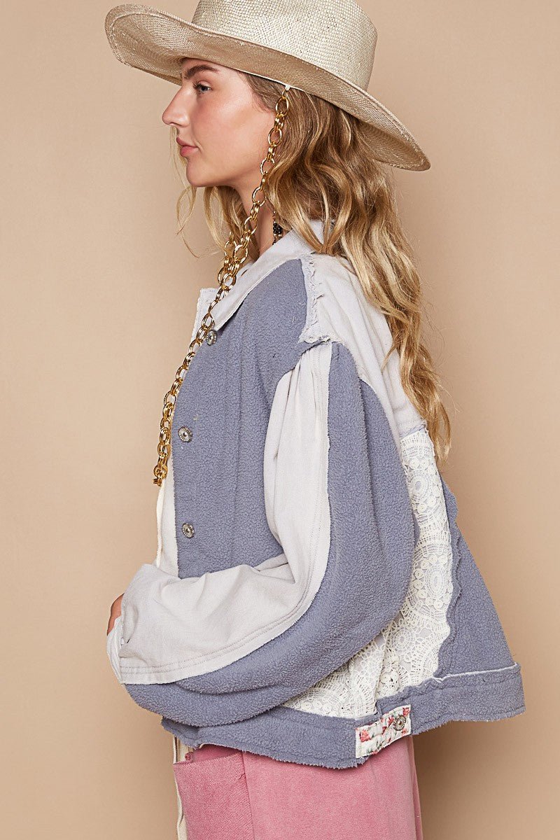 POL Crochet Patch Exposed Seam Button Up Jacket - Roaming Gypsy Boutique