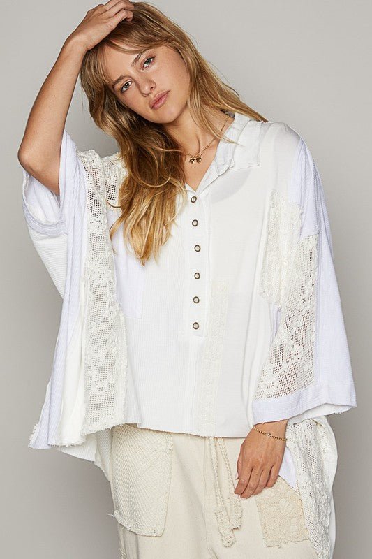 POL Crochet Patchwork Frayed Edge Half Button Knit Top - Roaming Gypsy Boutique