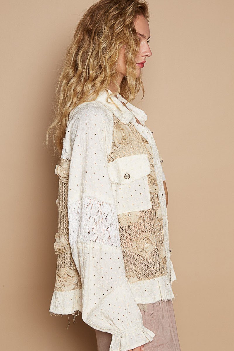 POL Eyelet Flower Pearl Detail Lace Patchwork Shirt - Roaming Gypsy Boutique