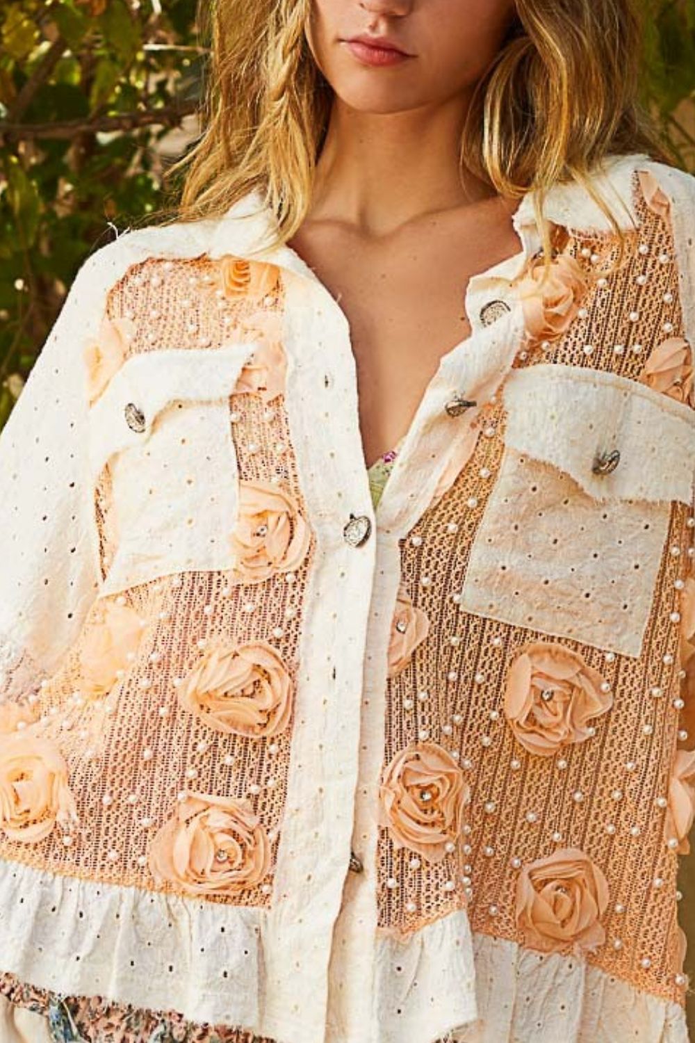 POL Eyelet Flower Pearl Detail Lace Patchwork Shirt - Roaming Gypsy Boutique