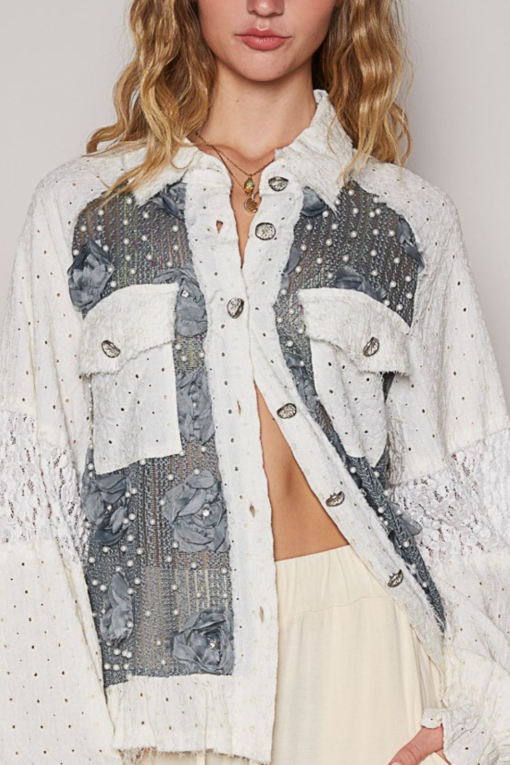 POL Eyelet Flower Pearl Detail Lace Patchwork Shirt - Roaming Gypsy Boutique