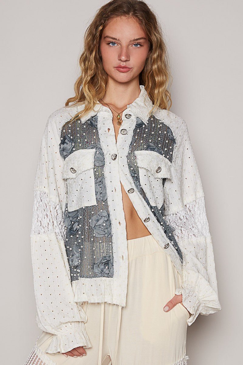 POL Eyelet Flower Pearl Detail Lace Patchwork Shirt - Roaming Gypsy Boutique